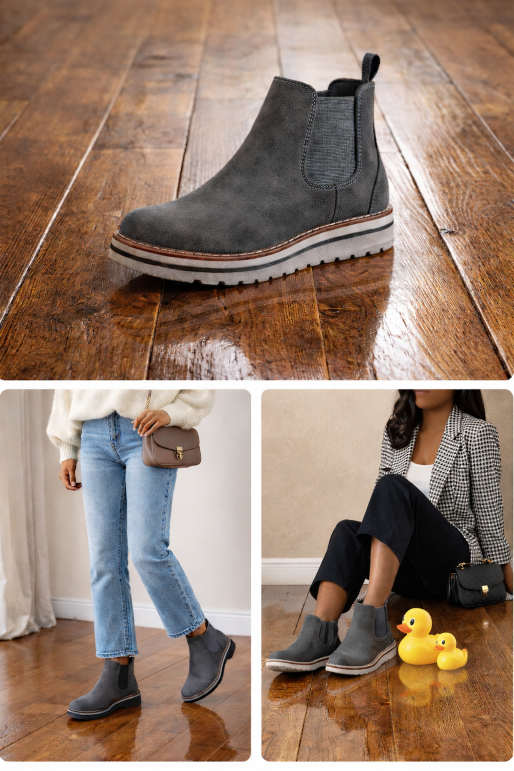 JABASIC Womens Chelsea Elastic Ankle Boots Waterproof Flat Boots(Grey)