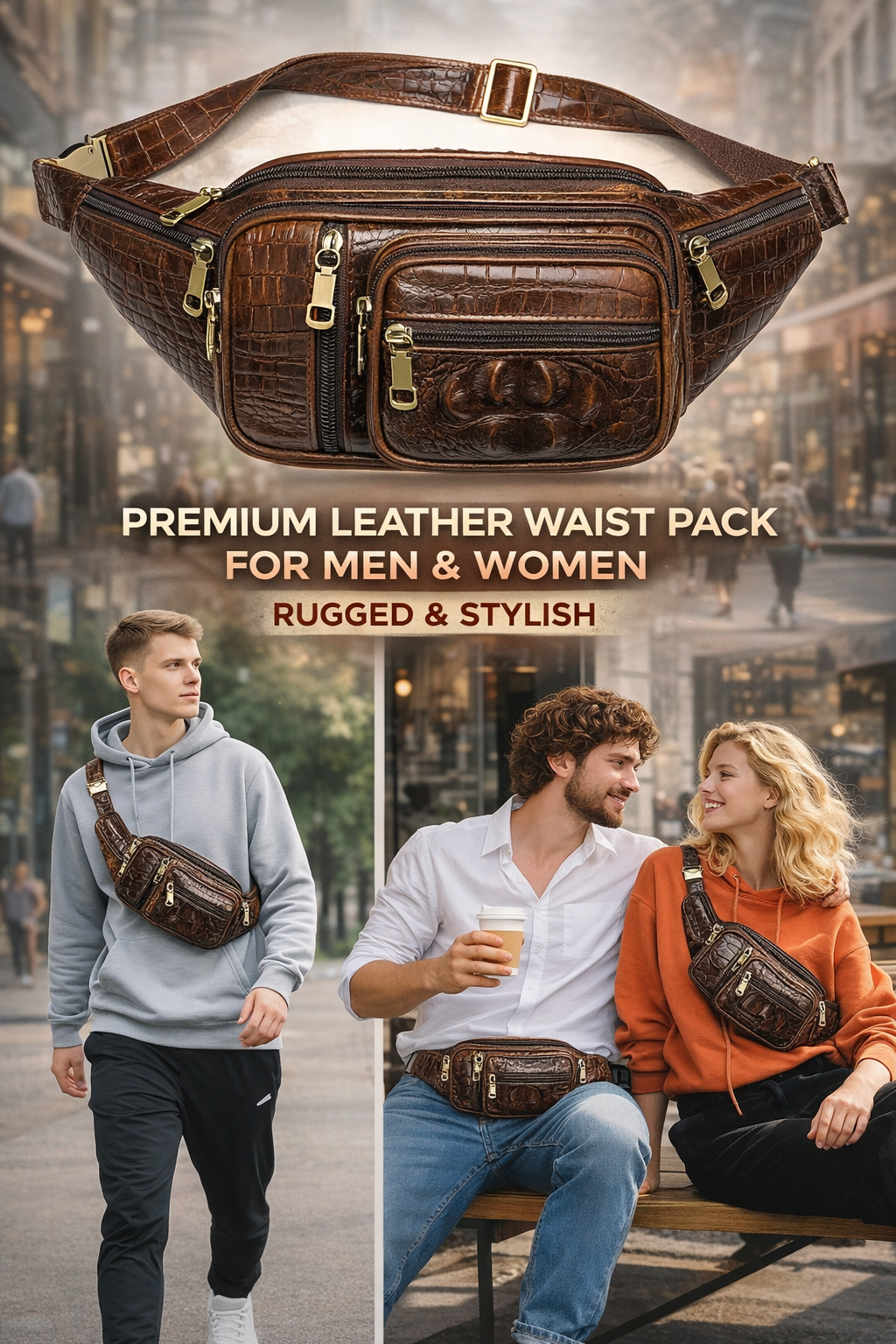 Genuine Leather Fanny Pack large capacity Crossbody Waist Bag with Zipper phone Pockets crocodile coffee