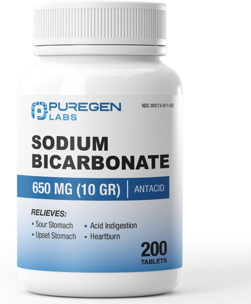Puregen Labs - Sodium Bicarbonate Tablets 650mg (10 Grains) - 200 Count | USP Grade Baking Soda Supplement, Natural Relief of Acid Indigestion, Heartburn, Sour Stomach & Upset Stomach