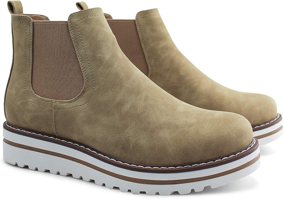 JABASIC Womens Chelsea Elastic Ankle Boots Waterproof Flat Boots(Tan)