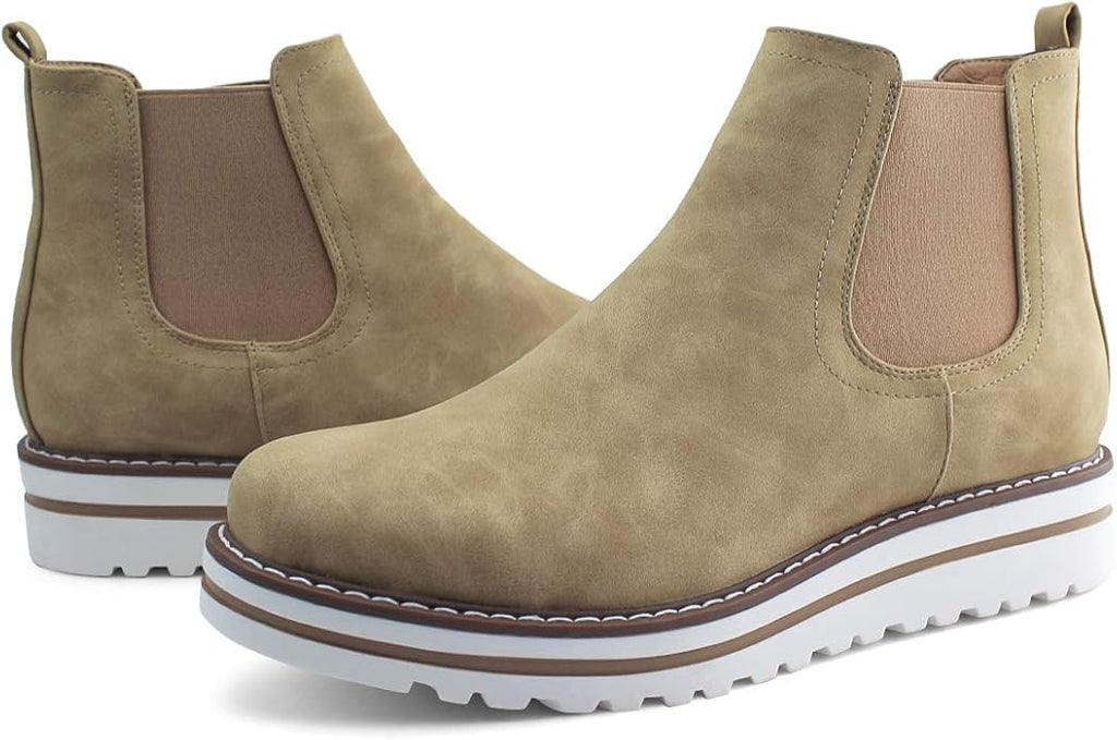 JABASIC Womens Chelsea Elastic Ankle Boots Waterproof Flat Boots(Tan)