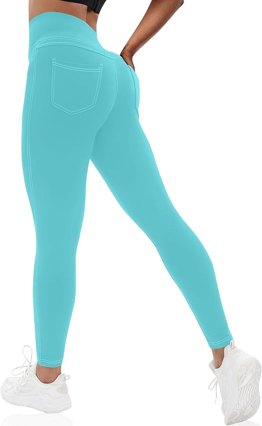 VOOVEEYA - Curvy Women's Leggings, High Waisted Yoga Pants with Back Pockets (Turquoise)