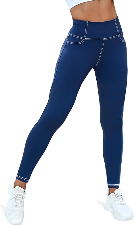 VOOVEEYA Curvy Womens Leggings, High Waisted Yoga Pants with Back Pockets (Navy Blue)
