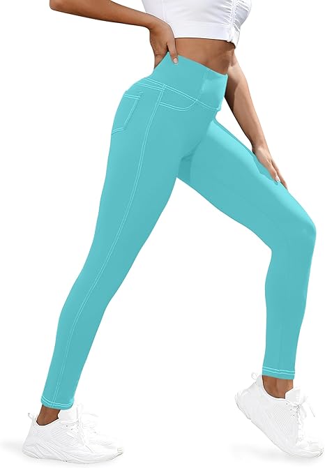 VOOVEEYA - Curvy Women's Leggings, High Waisted Yoga Pants with Back Pockets (Turquoise)