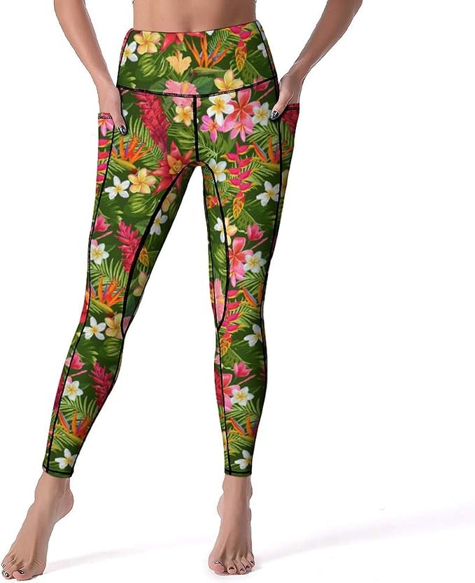 Droeyroest - High Waisted Workout Leggings for Women with Pockets (Tropical Flowers Palm Leaves)
