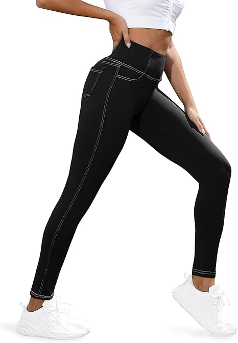 VOOVEEYA Curvy Womens Leggings, High Waisted Yoga Pants with Back Pockets(Black)