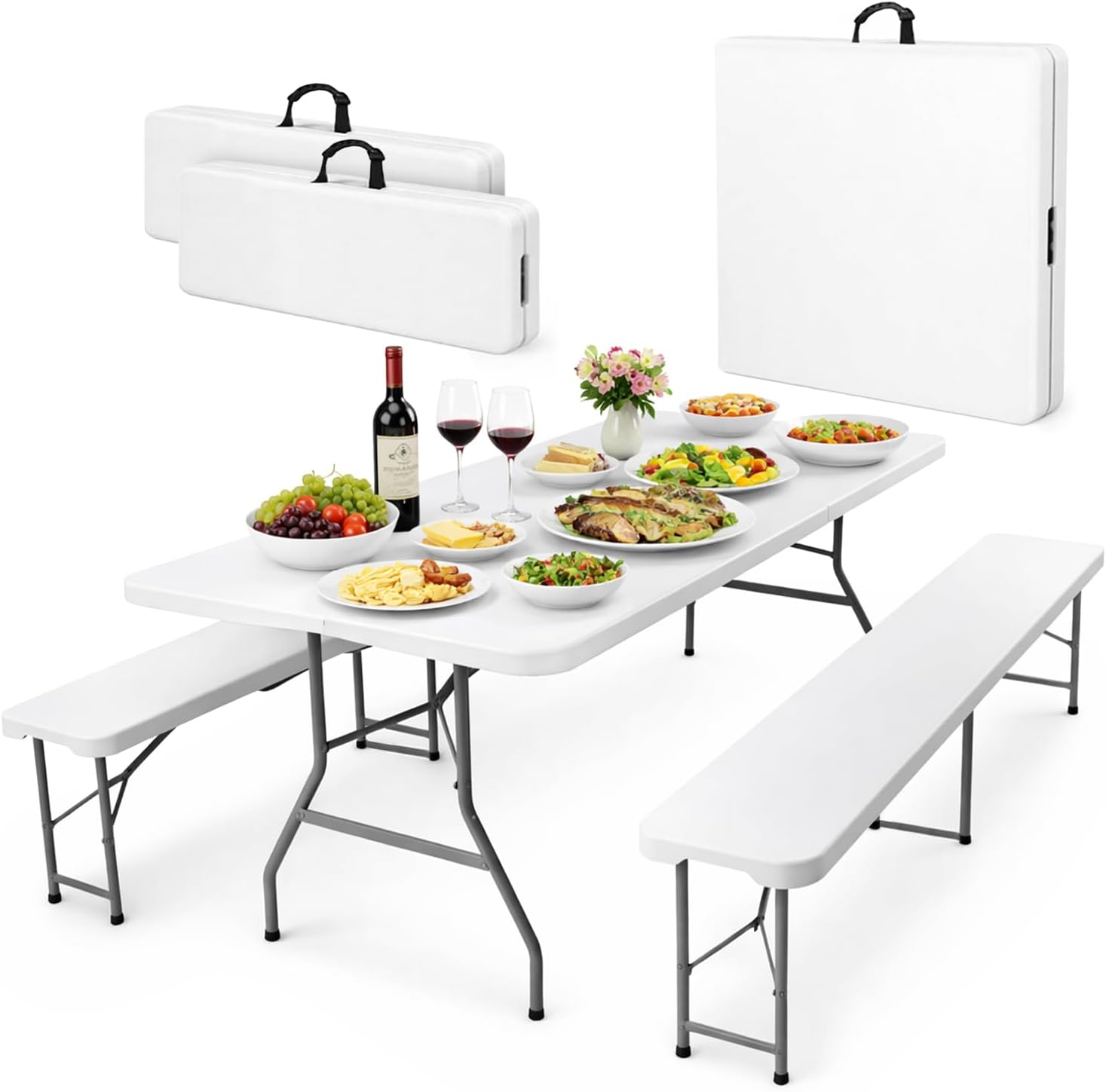 HLPB - Folding Table Picnic Table Set, 6 ft Camping Table with 2 Benches, Outdoor Indoor Portable Folding Furniture for Working Meeting Party, Camping, Picnic, Weddings w/Handle and Safety Locks, White