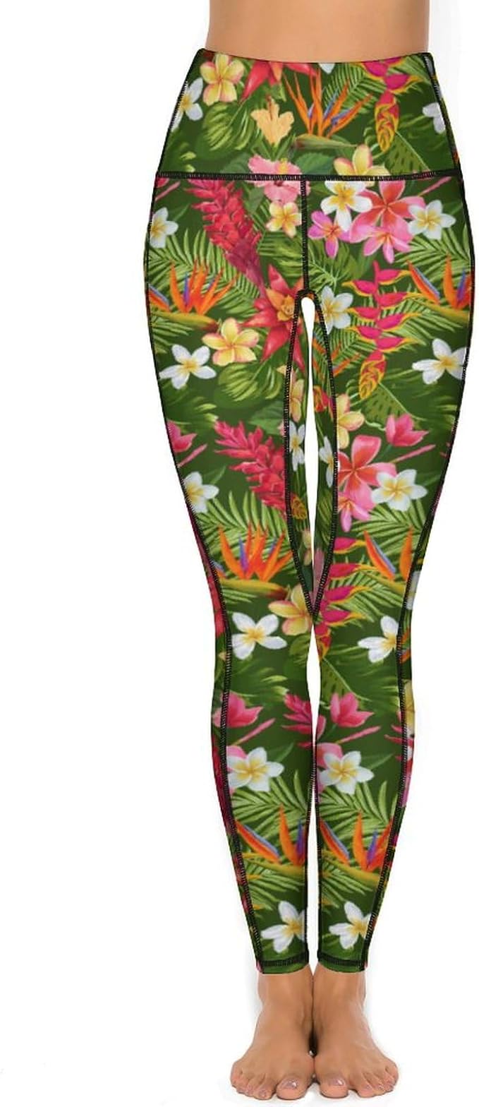 Droeyroest - High Waisted Workout Leggings for Women with Pockets (Tropical Flowers Palm Leaves)
