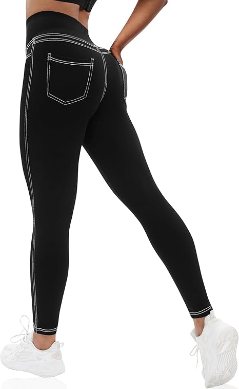 VOOVEEYA Curvy Womens Leggings, High Waisted Yoga Pants with Back Pockets(Black)