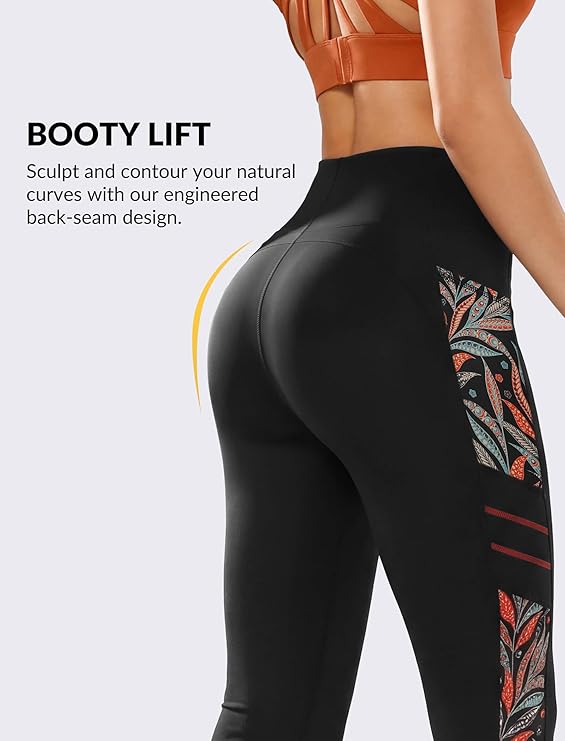 Yvette - High Waisted Leggings for Women with Pockets (Orange Printed)