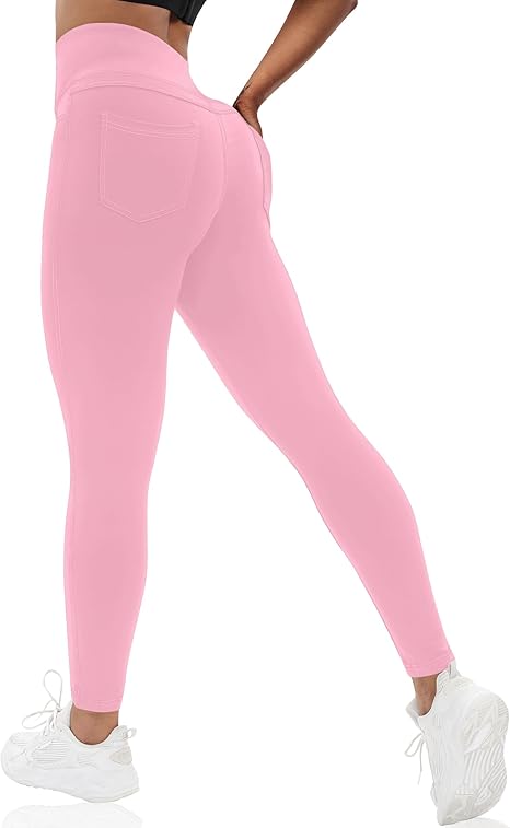VOOVEEYA Curvy Womens Leggings, High Waisted Yoga Pants with Back Pockets (Pink)