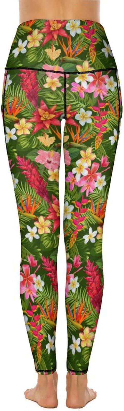 Droeyroest - High Waisted Workout Leggings for Women with Pockets (Tropical Flowers Palm Leaves)