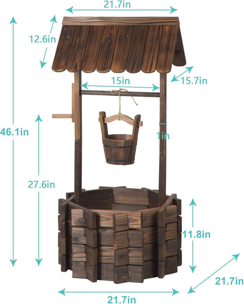 Aoxun Wooden Wishing Well Planter with Hanging Bucket for Flower and Plants Indoor and Outdoor, Rustic Flower Planter Patio Garden Ornamental, Home Decor, Brown