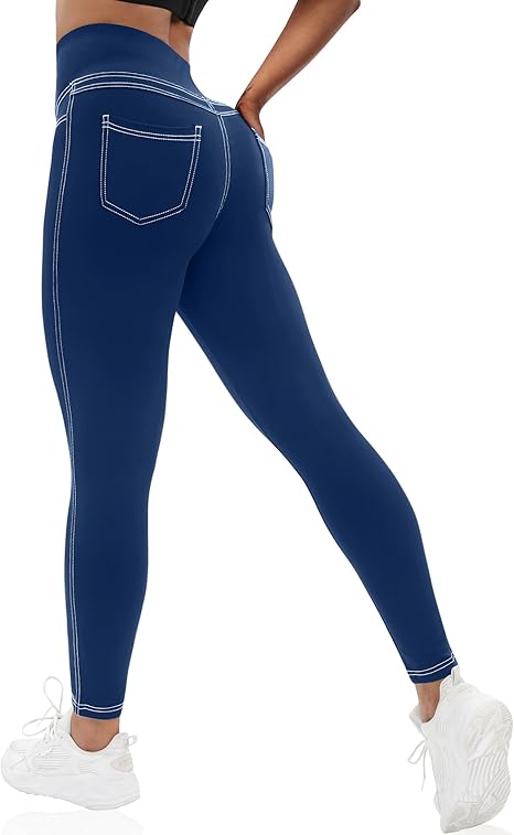 VOOVEEYA Curvy Womens Leggings, High Waisted Yoga Pants with Back Pockets (Navy Blue)