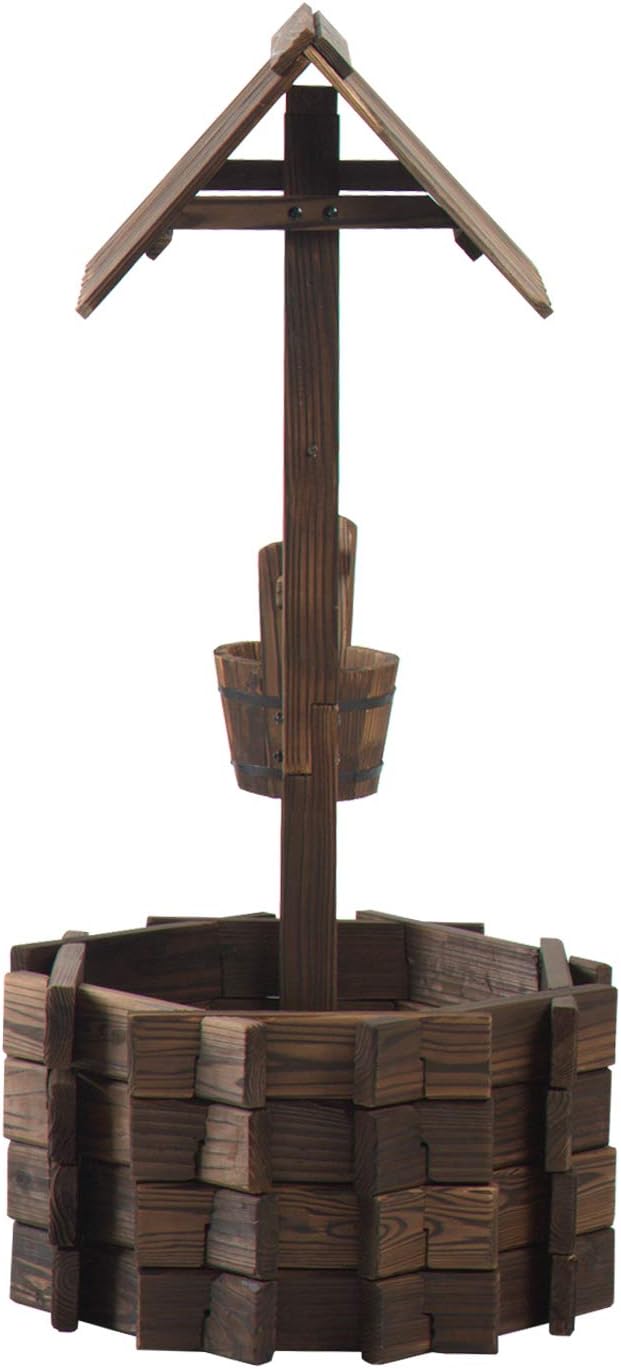Aoxun Wooden Wishing Well Planter with Hanging Bucket for Flower and Plants Indoor and Outdoor, Rustic Flower Planter Patio Garden Ornamental, Home Decor, Brown