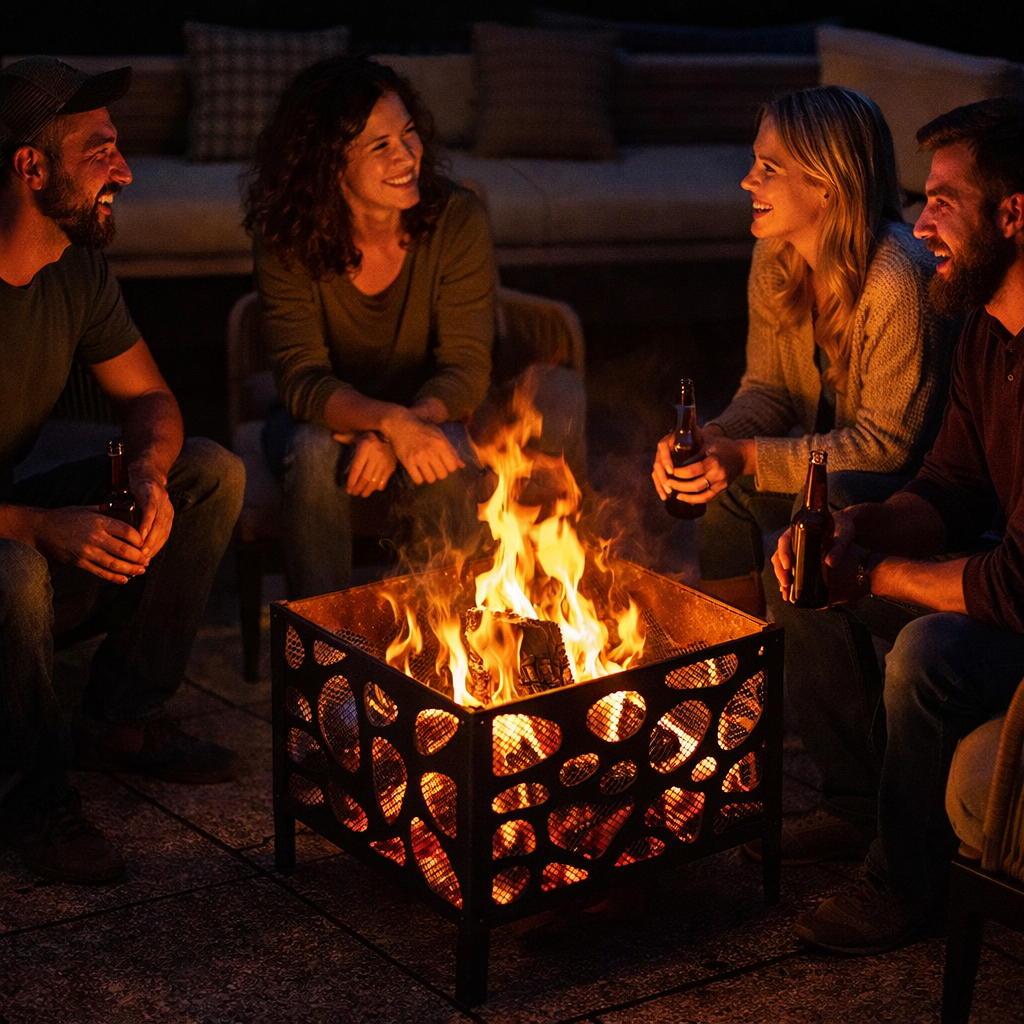 Outdoor Wood Burning Fire Pit, with Anti-Spark Mesh Guard, Small Bonfire Pit