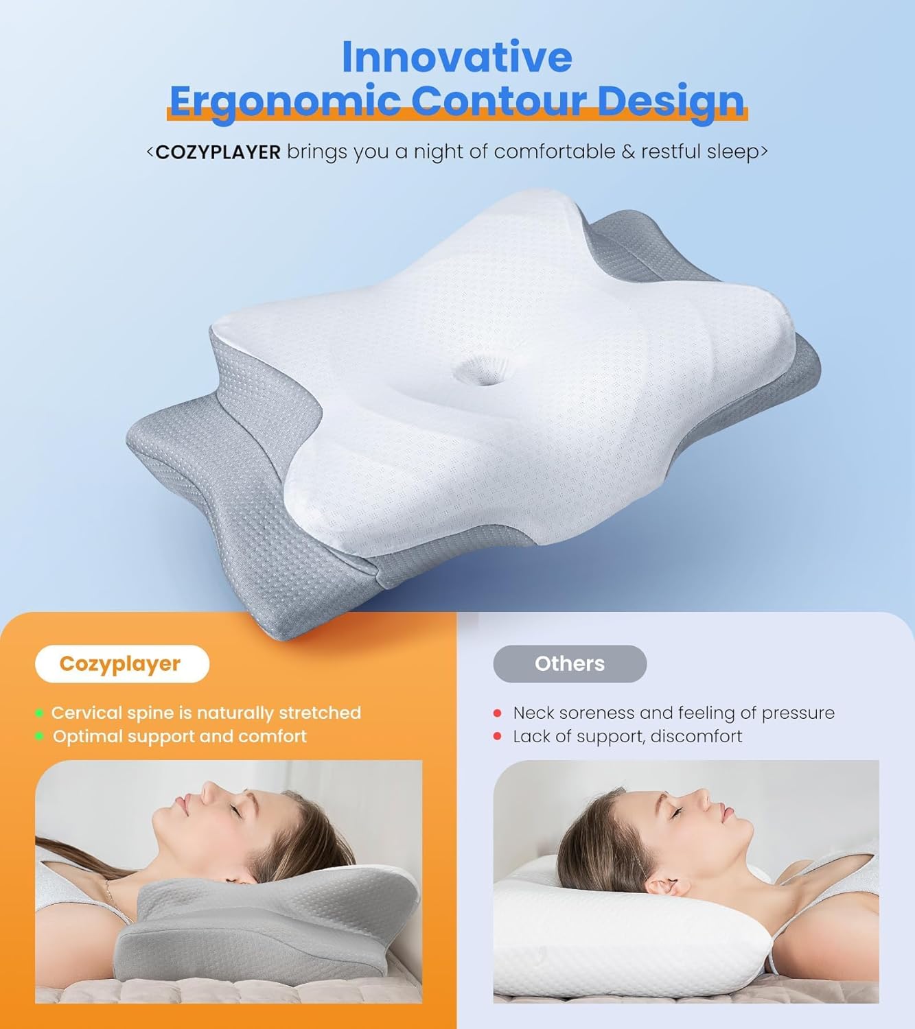 CozyPlayer - Ultra Pain Relief Cooling Pillow for Neck Support