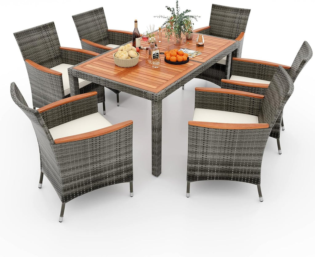 KOTEK 7 Piece Outdoor Dining Set, Wicker Patio Dining Set for 6 with Stackable Chairs & Acacia Wood Table