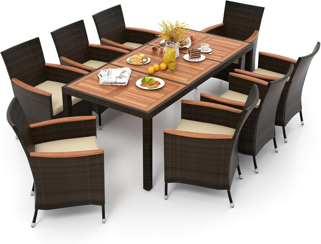 KOTEK 7 Piece Outdoor Dining Set, Wicker Patio Dining Set for 6 with Stackable Chairs & Acacia Wood Table