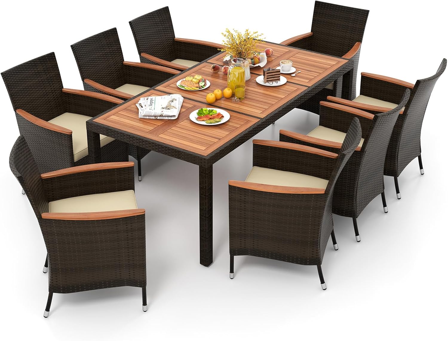 KOTEK 7 Piece Outdoor Dining Set, Wicker Patio Dining Set for 6 with Stackable Chairs & Acacia Wood Table