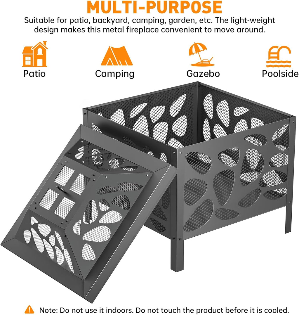 Outdoor Wood Burning Fire Pit, with Anti-Spark Mesh Guard, Small Bonfire Pit