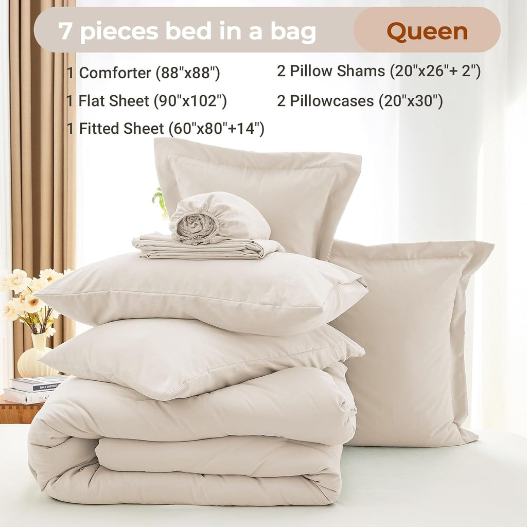 MUXHOMO 7 Pieces Queen Comforter Set, Soft Bed in a Bag Queen Size