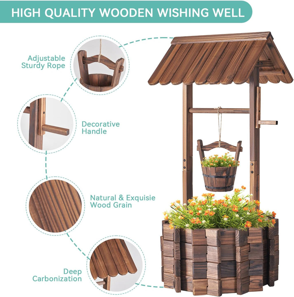 Aoxun Wooden Wishing Well Planter with Hanging Bucket for Flower and Plants Indoor and Outdoor, Rustic Flower Planter Patio Garden Ornamental, Home Decor, Brown