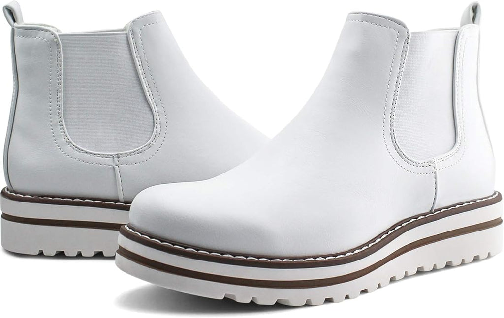 JABASIC Womens Chelsea Elastic Ankle Boots Waterproof Flat Boots(White)