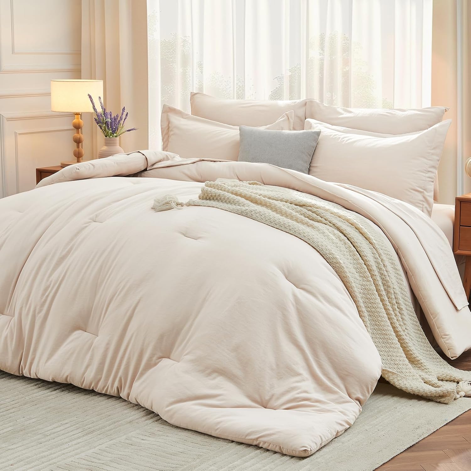 MUXHOMO 7 Pieces Queen Comforter Set, Soft Bed in a Bag Queen Size
