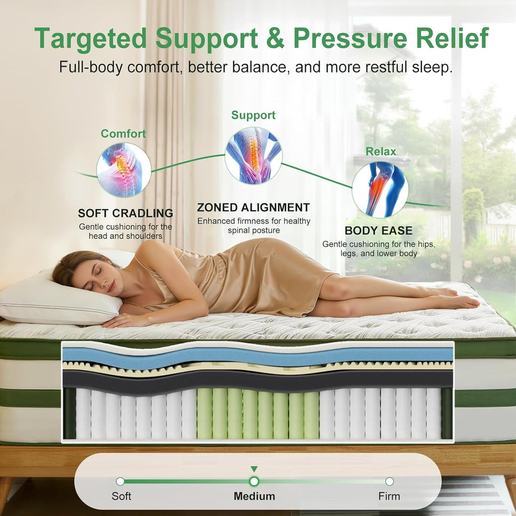 GRBSY - Queen Mattress, 14 Inch Queen Hybrid Mattress in a Box, 7-Zone Cooling Gel Memory Foam & Pocket Springs for Back Pain Relief