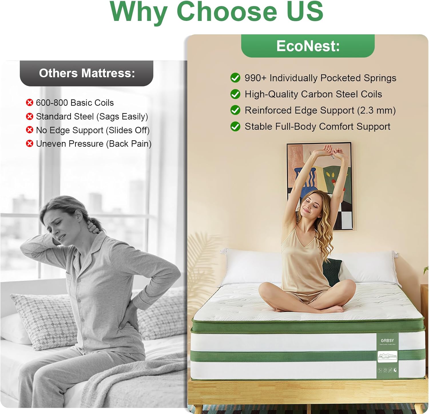 GRBSY - Queen Mattress, 14 Inch Queen Hybrid Mattress in a Box, 7-Zone Cooling Gel Memory Foam & Pocket Springs for Back Pain Relief