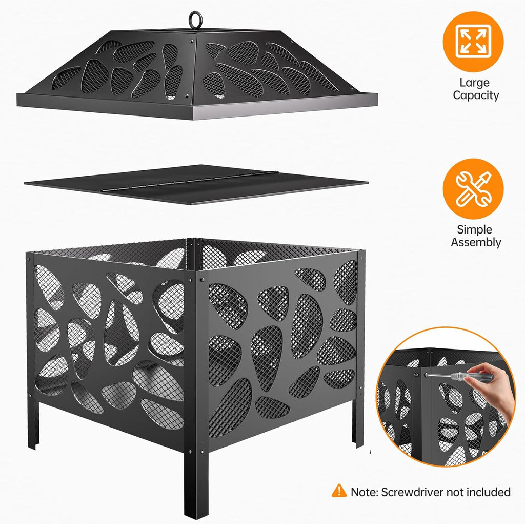 Outdoor Wood Burning Fire Pit, with Anti-Spark Mesh Guard, Small Bonfire Pit