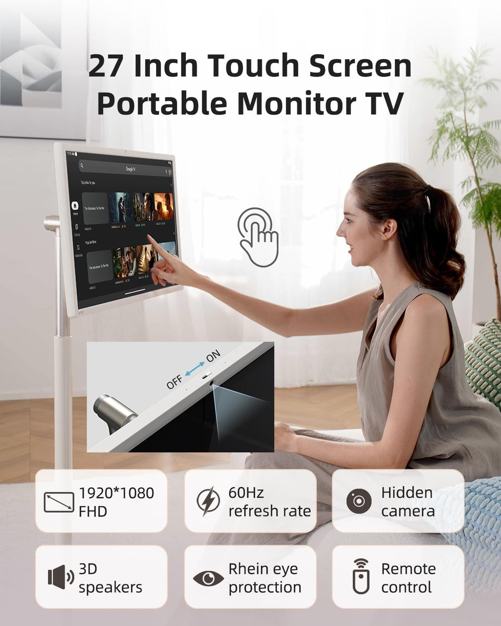KTC MegPad 27 Inch Portable Screen TV - 1080P Touch Screen Monitor on Wheels with 8MP Camera, Compatible with Google TV, Android 14