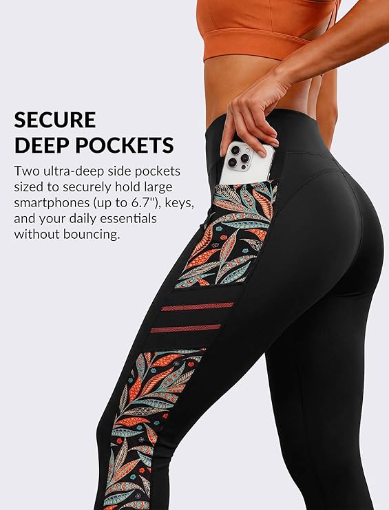 Yvette - High Waisted Leggings for Women with Pockets (Orange Printed)