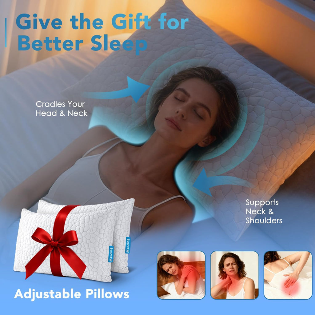 QUTOOL - Cooling Pillow for Sleeping, CertiPUR-US Shredded Memory Foam Queen Pillows Set of 2