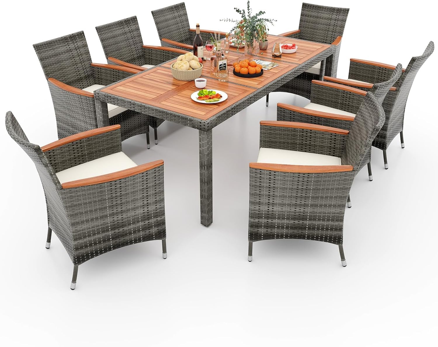 KOTEK 7 Piece Outdoor Dining Set, Wicker Patio Dining Set for 6 with Stackable Chairs & Acacia Wood Table