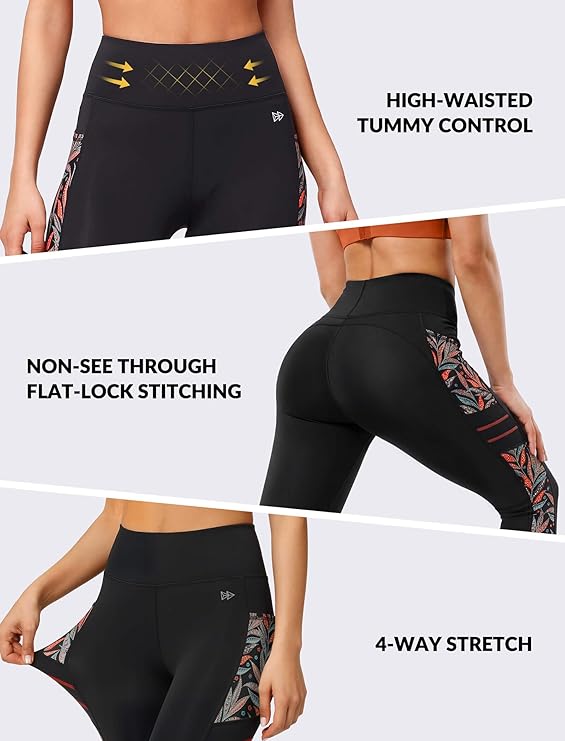 Yvette - High Waisted Leggings for Women with Pockets (Orange Printed)