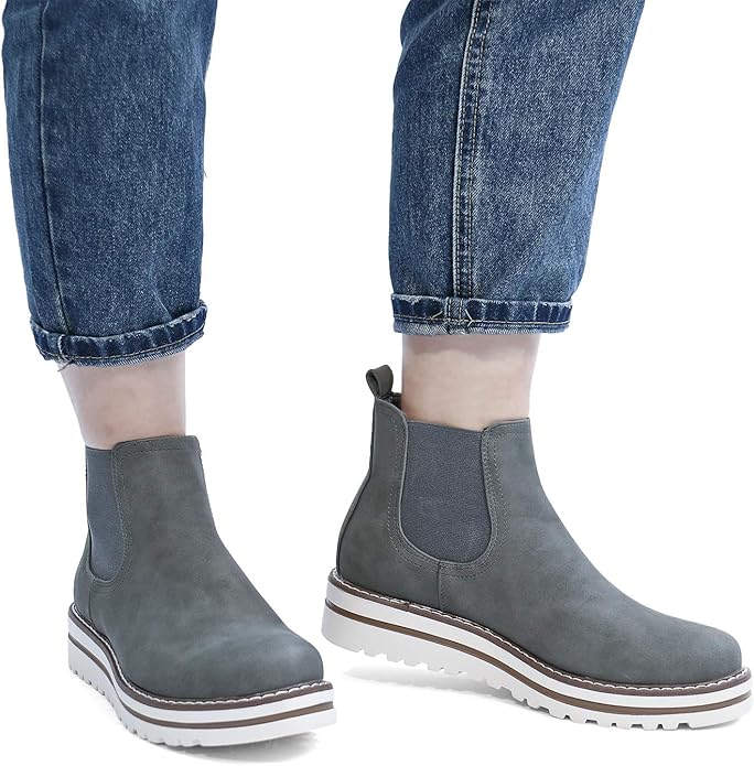 JABASIC Womens Chelsea Elastic Ankle Boots Waterproof Flat Boots(Grey)