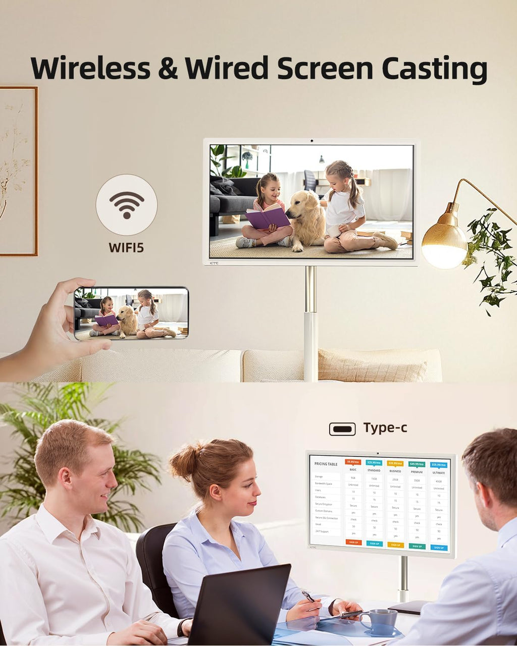 KTC MegPad 27 Inch Portable Screen TV - 1080P Touch Screen Monitor on Wheels with 8MP Camera, Compatible with Google TV, Android 14