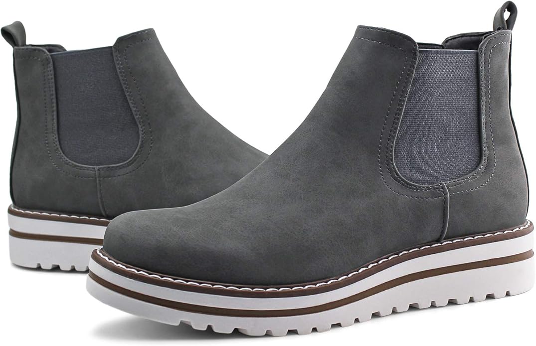 JABASIC Womens Chelsea Elastic Ankle Boots Waterproof Flat Boots(Grey)