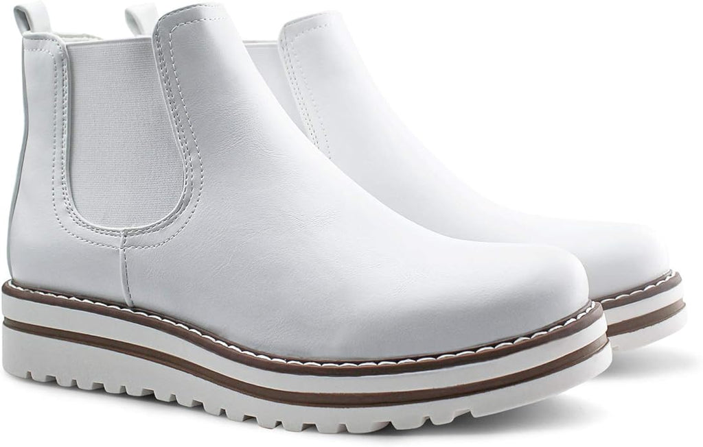 JABASIC Womens Chelsea Elastic Ankle Boots Waterproof Flat Boots(White)