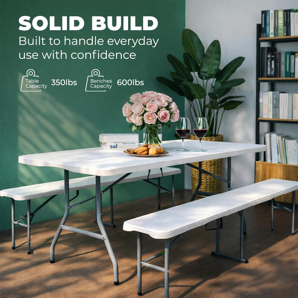 White table and benches with a green wall and bookshelf in the background, featuring text about product capacity.