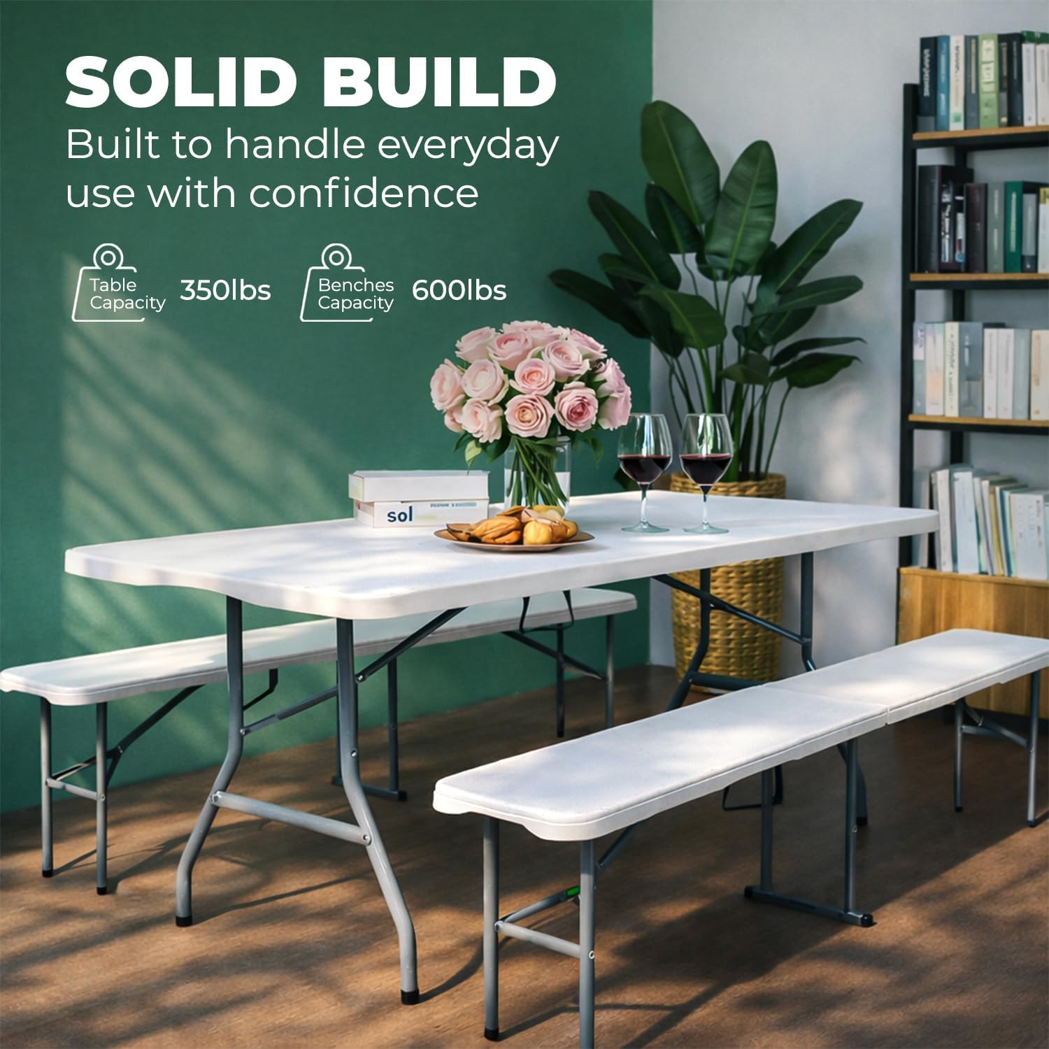 White table and benches with a green wall and bookshelf in the background, featuring text about product capacity.
