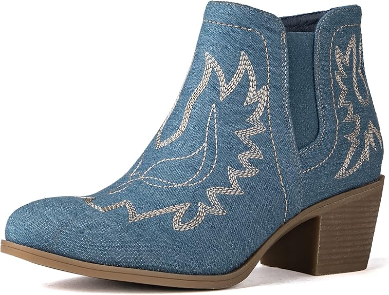 GLOBALWIN Women's Cowgirl boots Western Short Ankle Pull On (Denim)