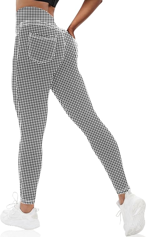 VOOVEEYA Curvy Women's Leggings, High Waisted Yoga Pants with Back Pockets (Plaid)