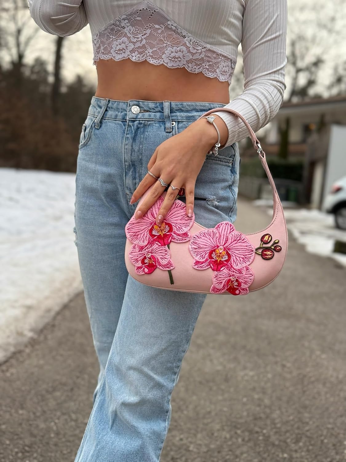 JW PEI Women's Harlee Orchid Embroidered Shoulder Bag - Pink