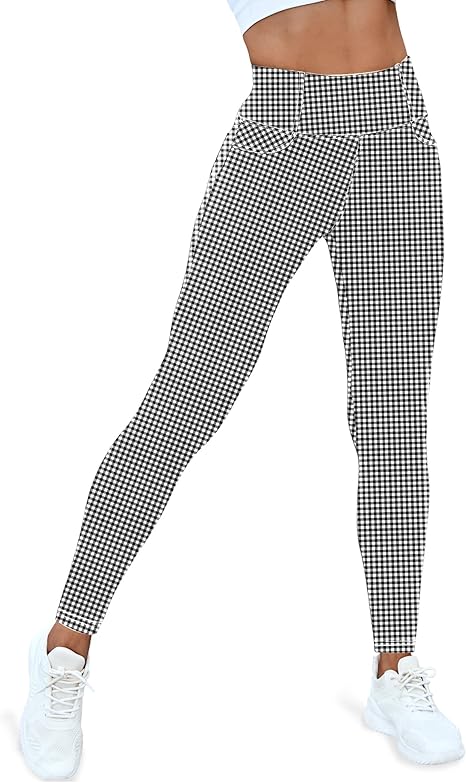 VOOVEEYA Curvy Women's Leggings, High Waisted Yoga Pants with Back Pockets (Plaid)