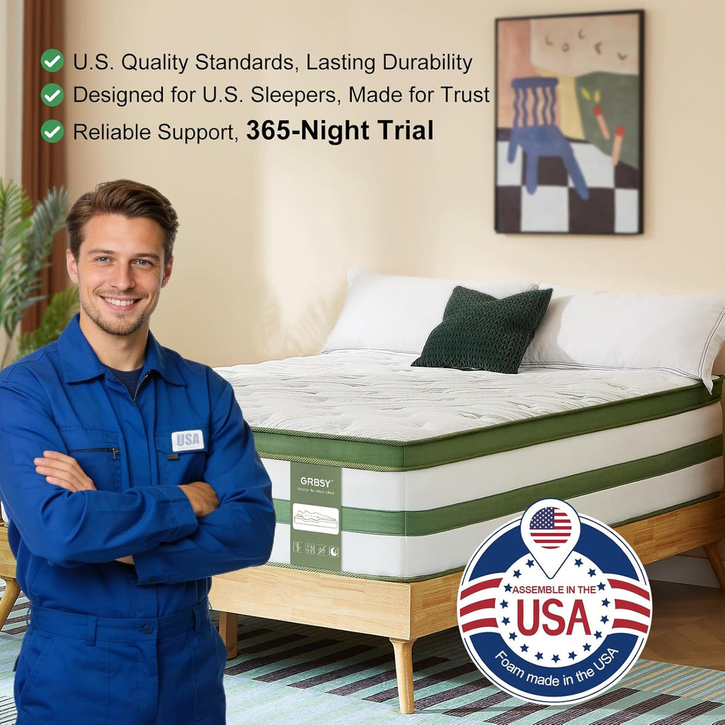 GRBSY - Queen Mattress, 14 Inch Queen Hybrid Mattress in a Box, 7-Zone Cooling Gel Memory Foam & Pocket Springs for Back Pain Relief