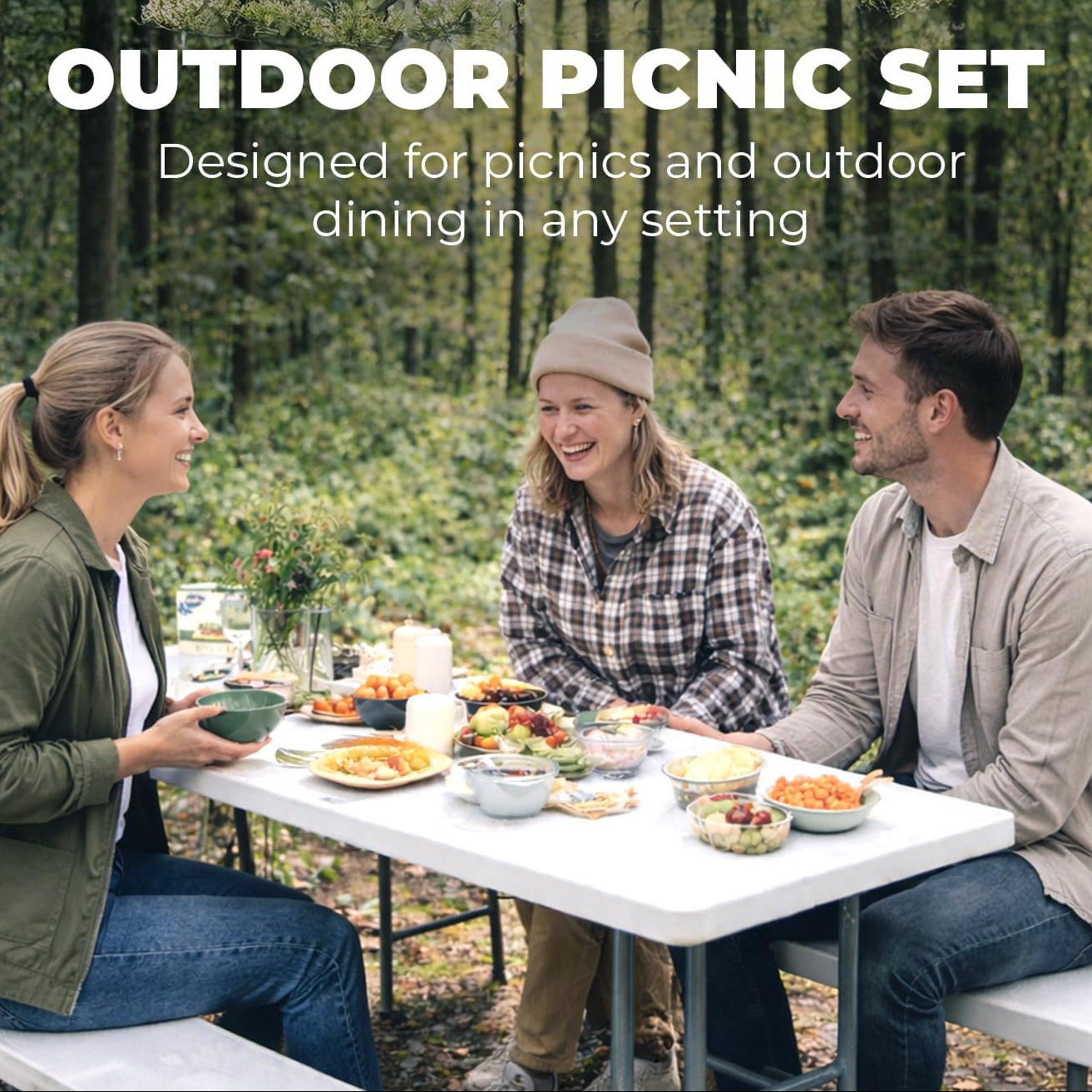 Three people enjoying a picnic in a forest with text about an outdoor picnic set.