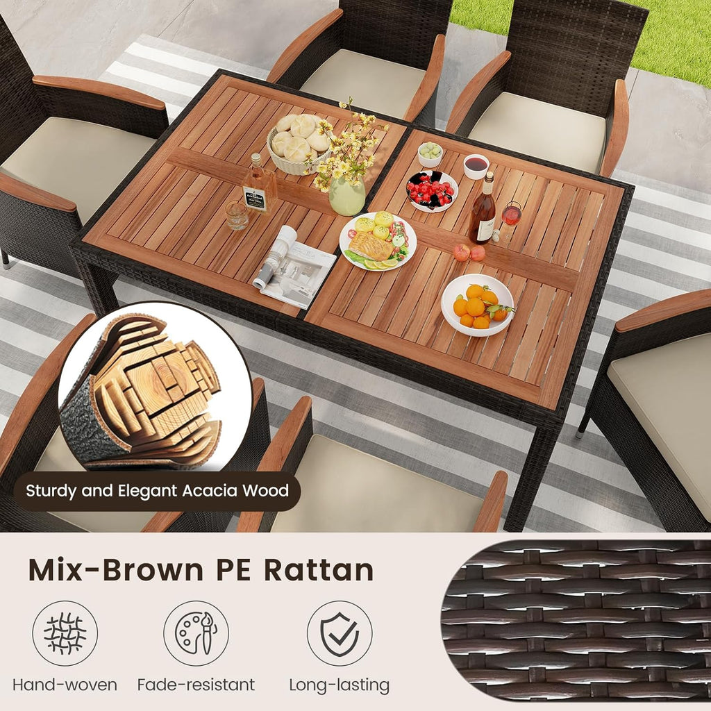 KOTEK 7 Piece Outdoor Dining Set, Wicker Patio Dining Set for 6 with Stackable Chairs & Acacia Wood Table